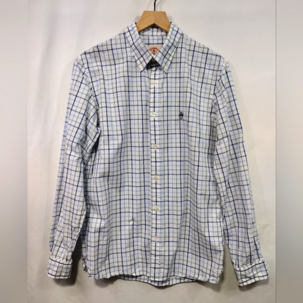 Brooks Brothers Red Fleece Plaid Button Shirt Men's M White Blue Office Career